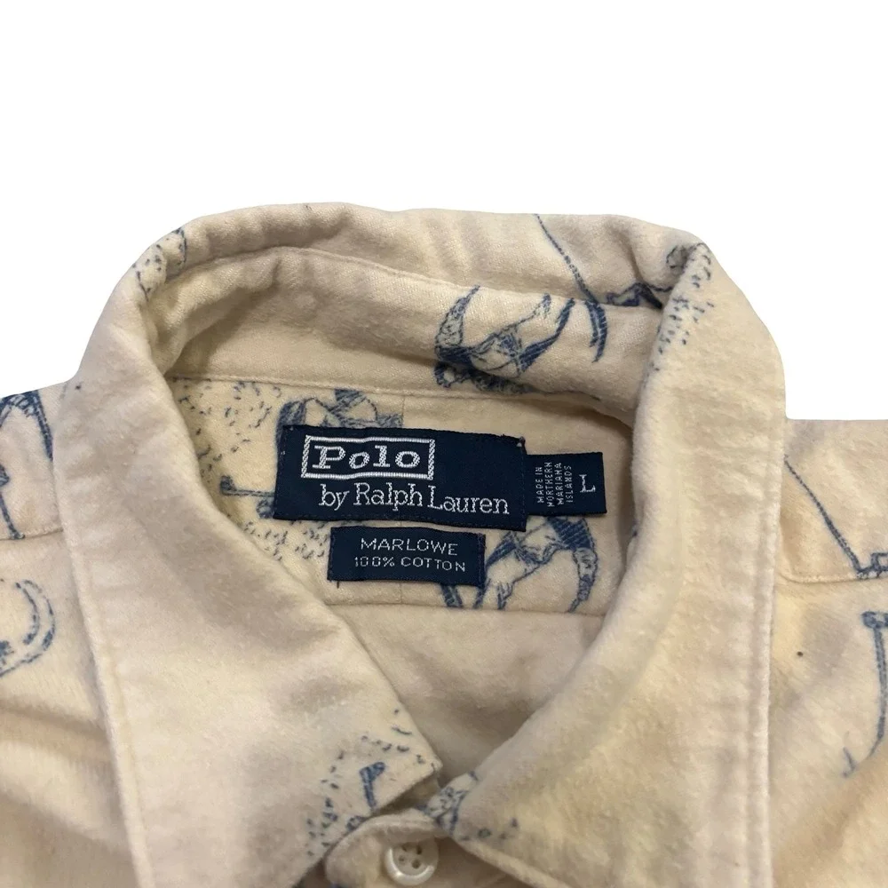 Polo Ralph Lauren Marlowe Mens Cream Blue Skier Print Flannel‎ Shirt Large L